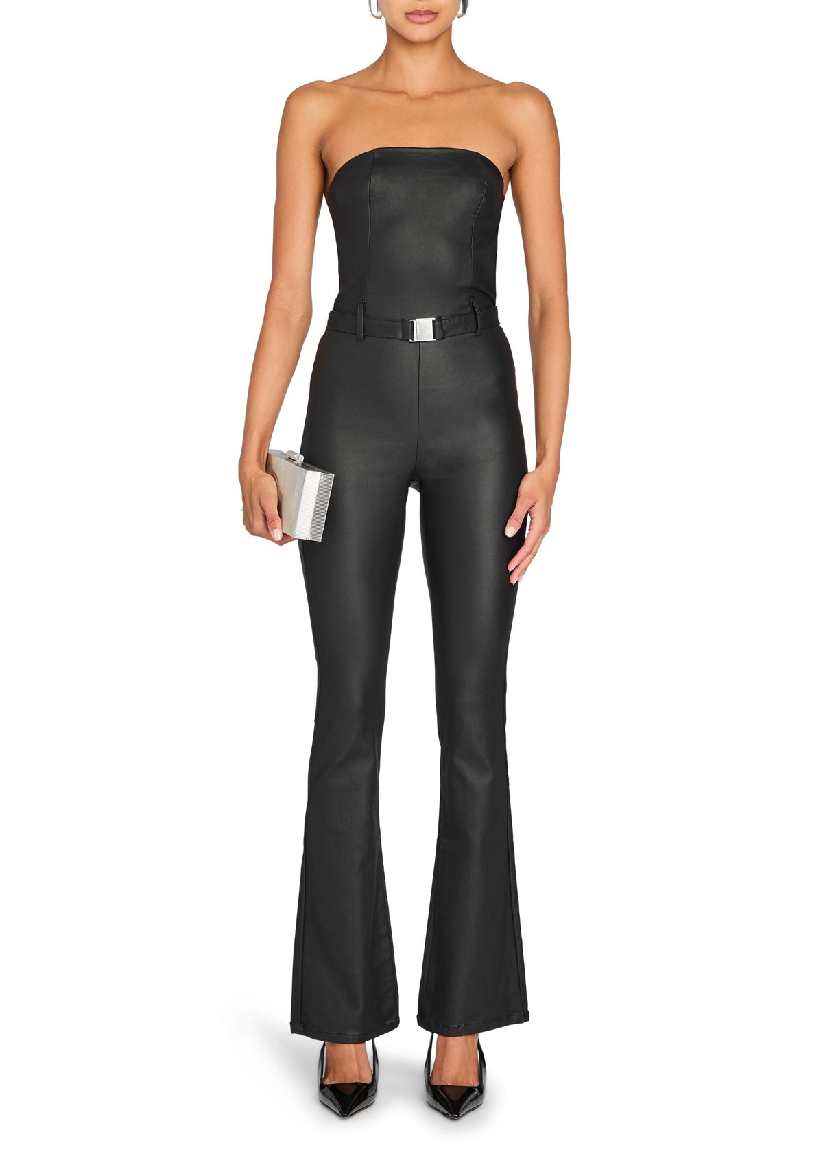 Vice Coated Denim Slim Flare Jumpsuit